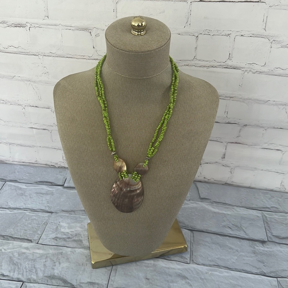 Green glass sea beads and abalone shell necklace